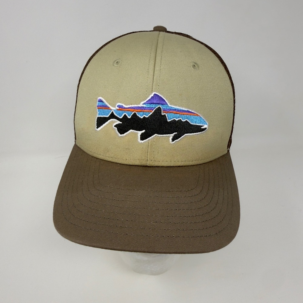 Patagonia Fitz Roy Trout Trucker Hat Tan Brown Snapback Mesh Cap 38008